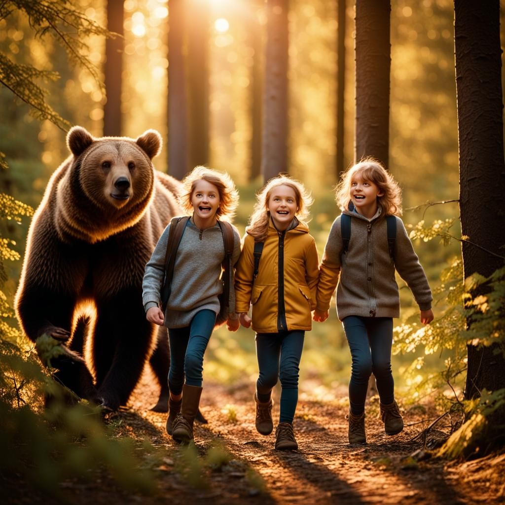 Children Photobombed by Bear in Forest, Wildlife Photography
