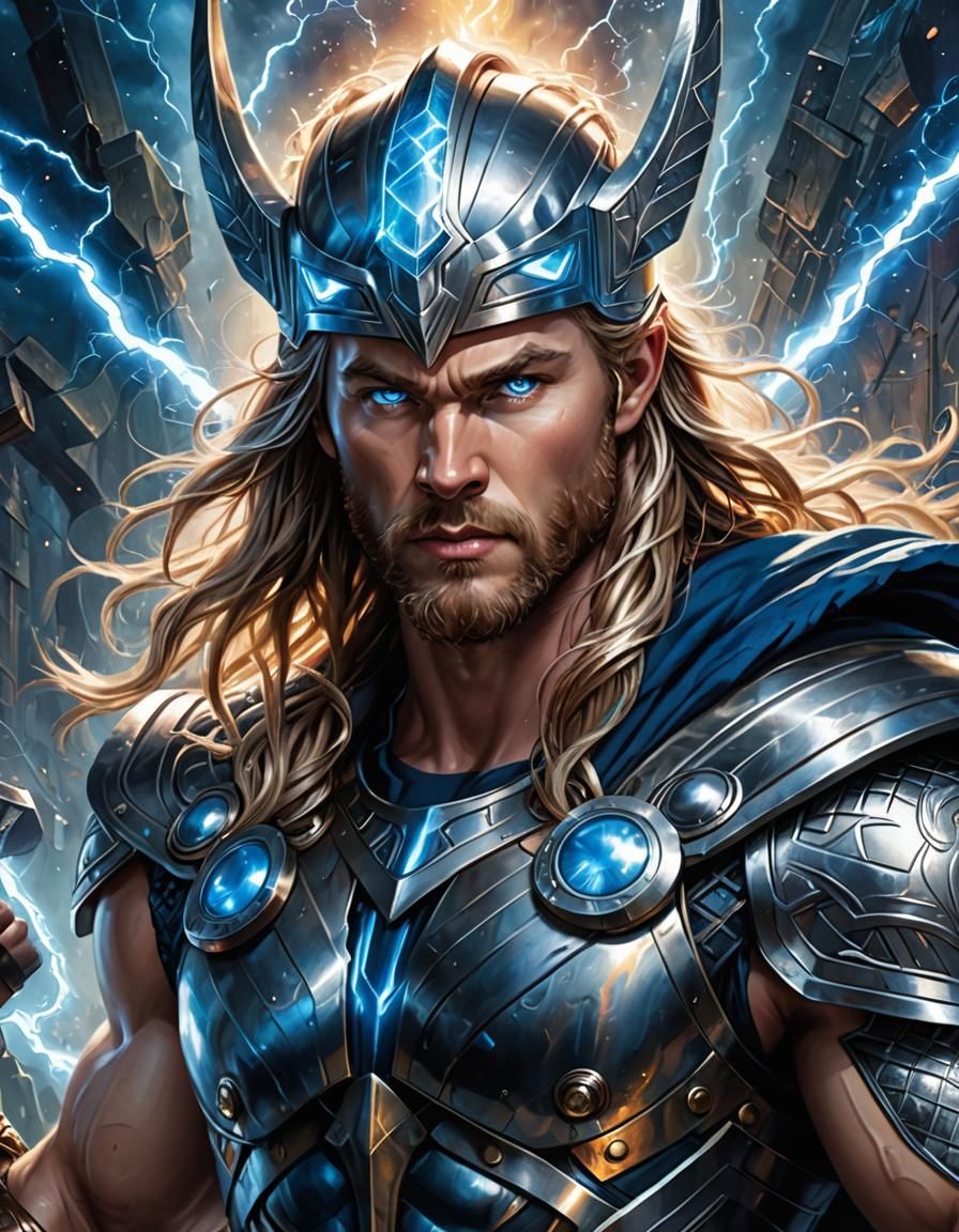 Thor with Mjolnir in Hyperdetailed Digital Watercolor