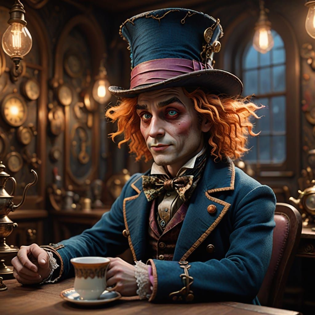 Mad Hatter Inspired Character Sips Tea In Whimsical Steampun...