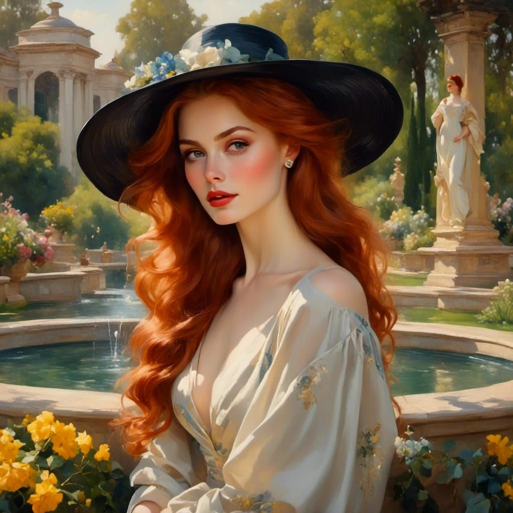Elegant Redhead in Spring Garden