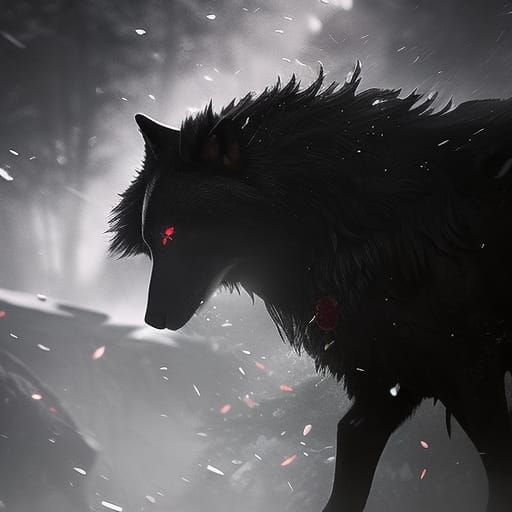 Magnificent Wolf with Red Roses in Dark Shadows