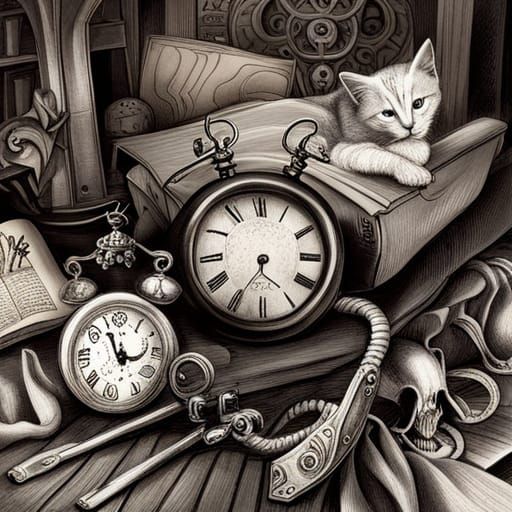 Gothic Still Life: Cat, Clock, Skull, and Flowers