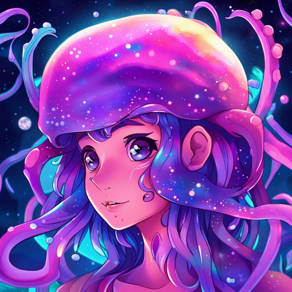 Bioluminescent Squid Girl in Holographic Astral Illustration