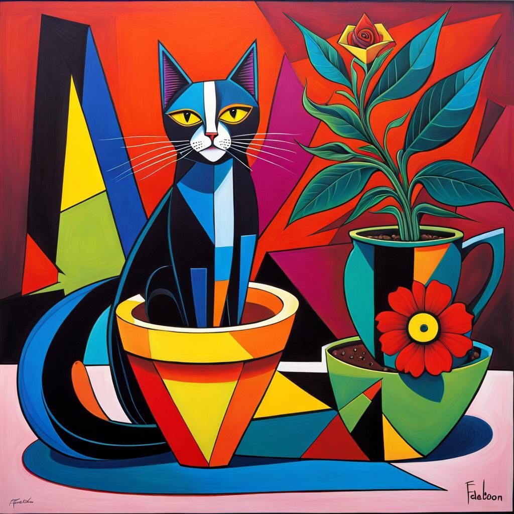 Mystical Cubist Cat in Picasso Style