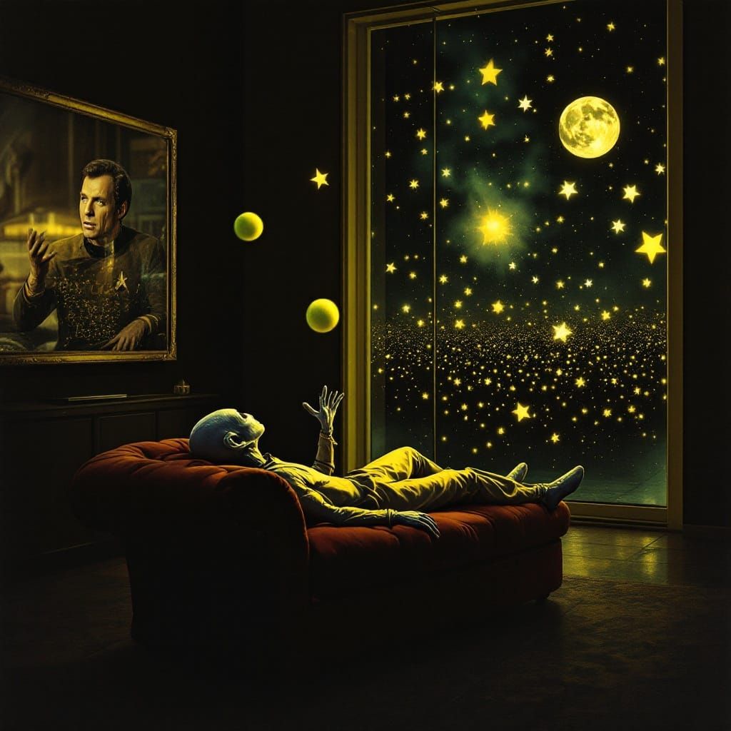 Alien Juggles Tennis Ball Watching Star Trek, Cosmic Audienc...