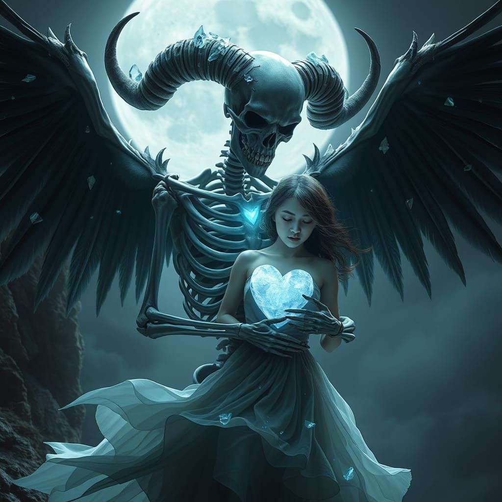 Skeletal Figure Embraces Woman in Gothic Dreamscape