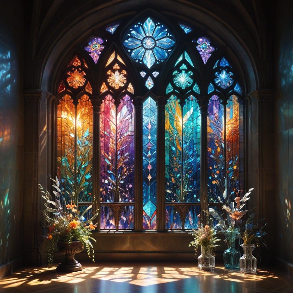 Sunlit Stained Glass Sanctuary with Crystal Sculptures