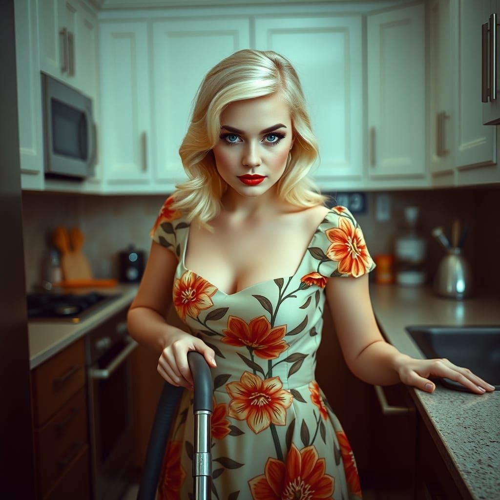 Blonde Pin-Up Girl Vacuuming in Cinematic Style