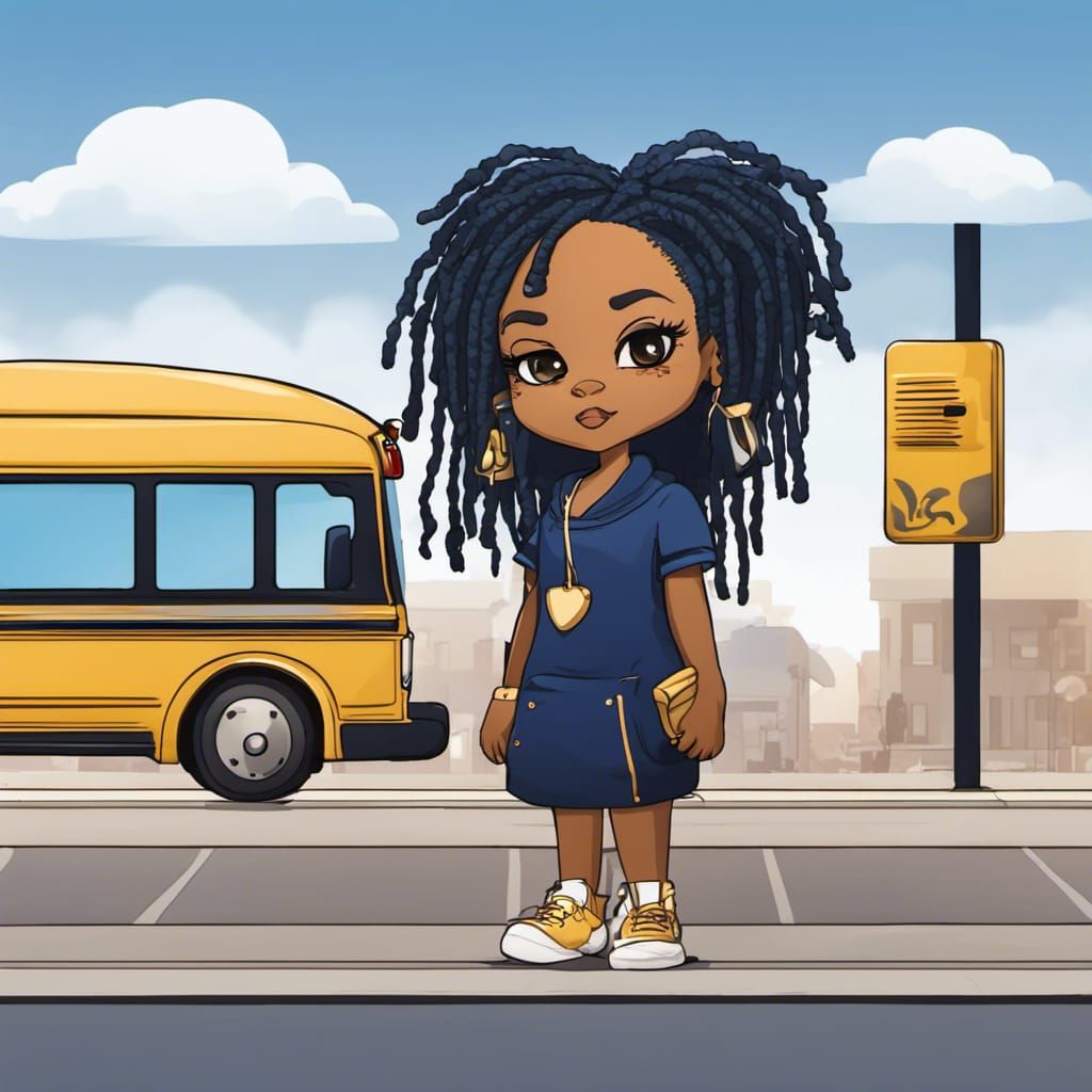 Chibi African American Woman at Bus Stop