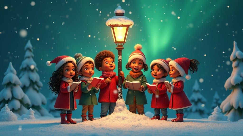 Whimsical African American Children Sing Christmas Carol in....