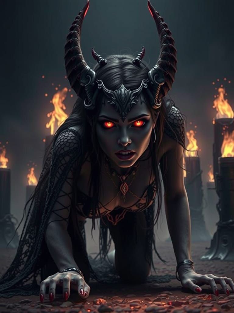 Seductive Vampire Crawling on Coals: Gothic 3D Rendering