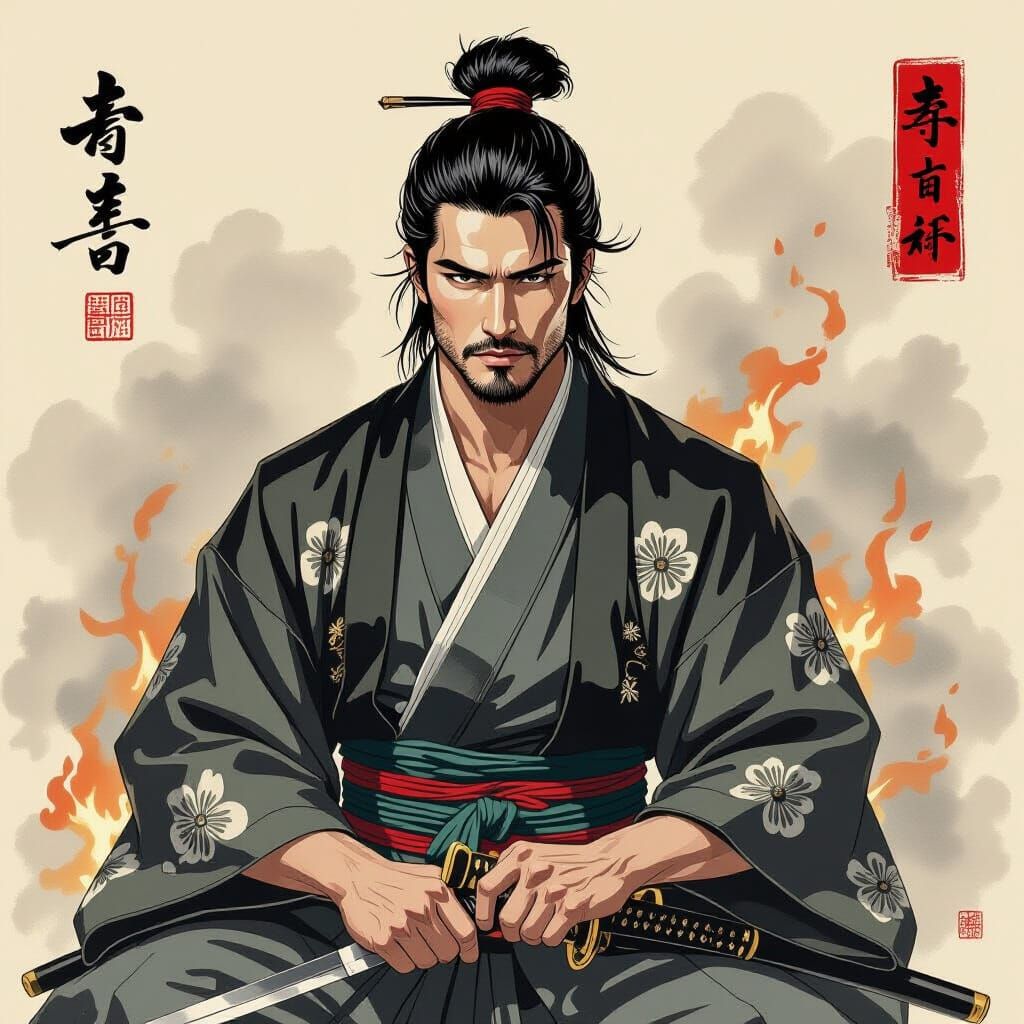 Gay Samurai in Japanese Ukiyo-e Style