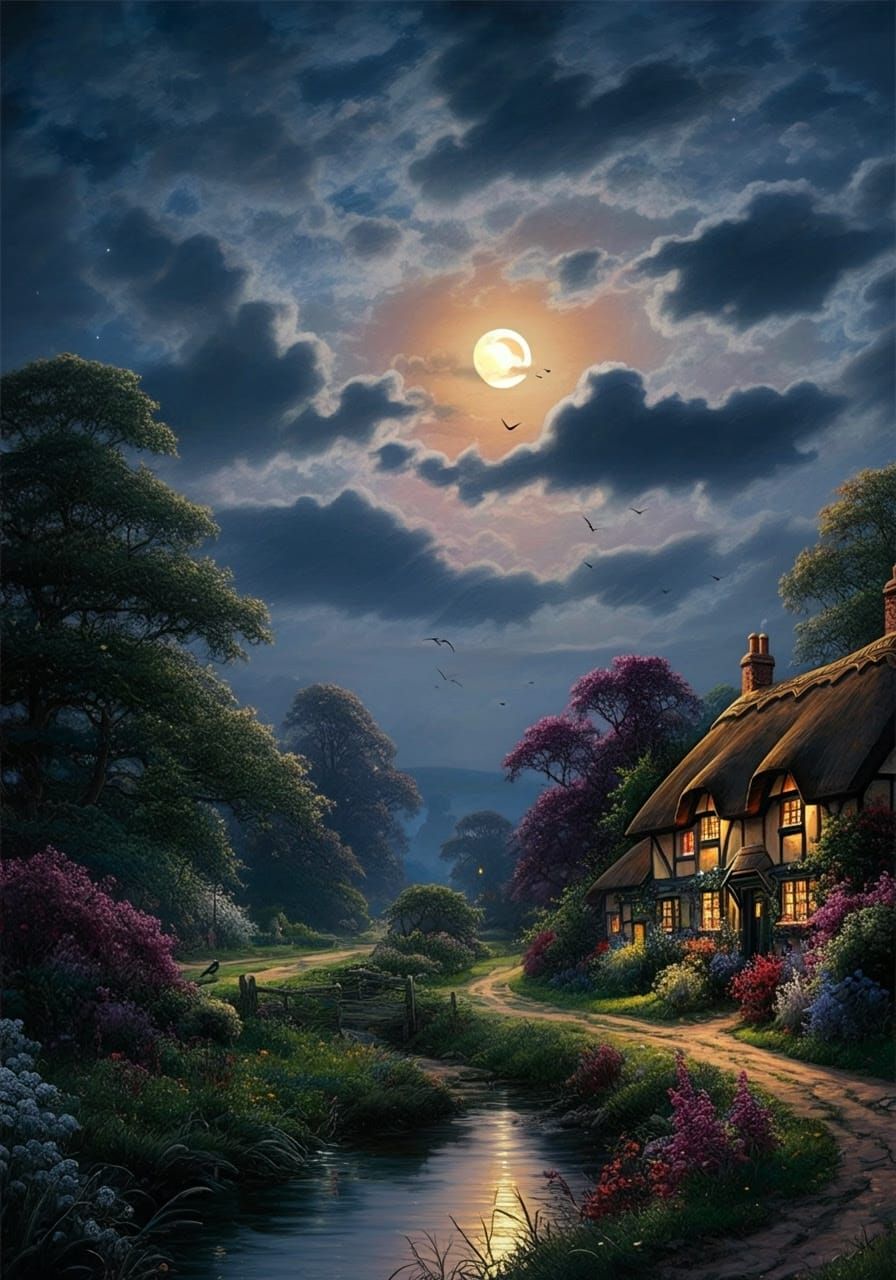 Moonlit Village Under Dark Clouds in a Romantic Landscape Pa...