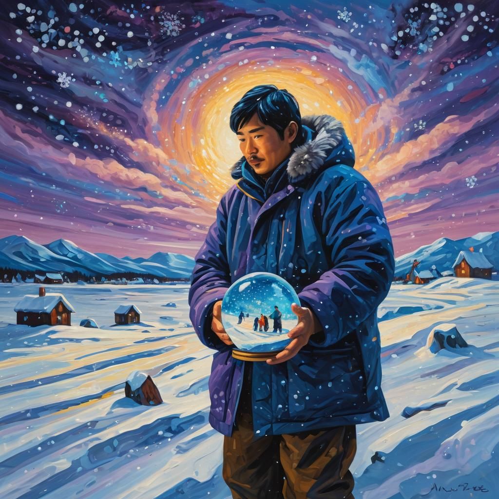 Inuit Man with Snow Globe: Expressionist Oil Painting