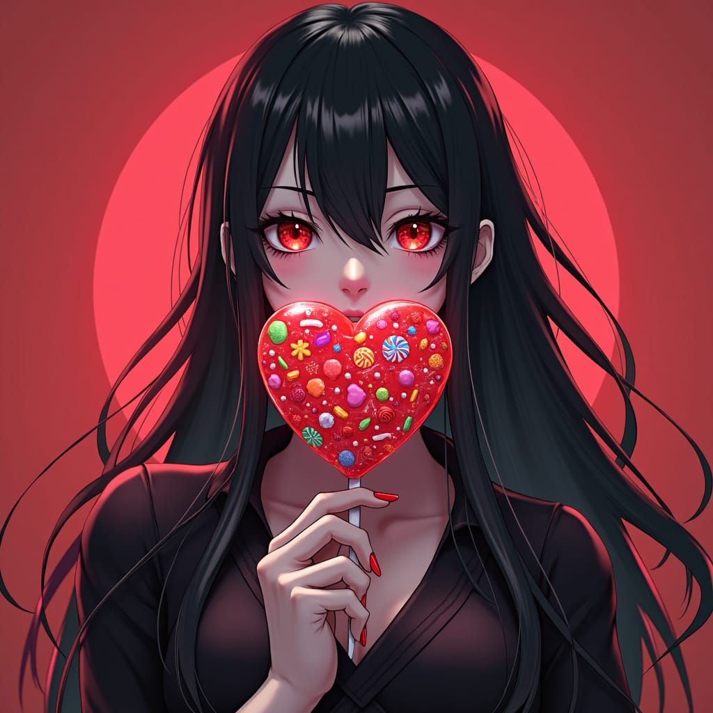 Anime Vampire Girl Licks Heart-Shaped Lollipop in Front View