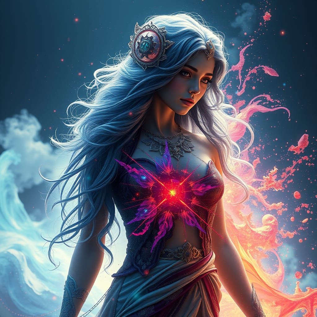 "Mystical woman half body with dreamlike elements, bright co...