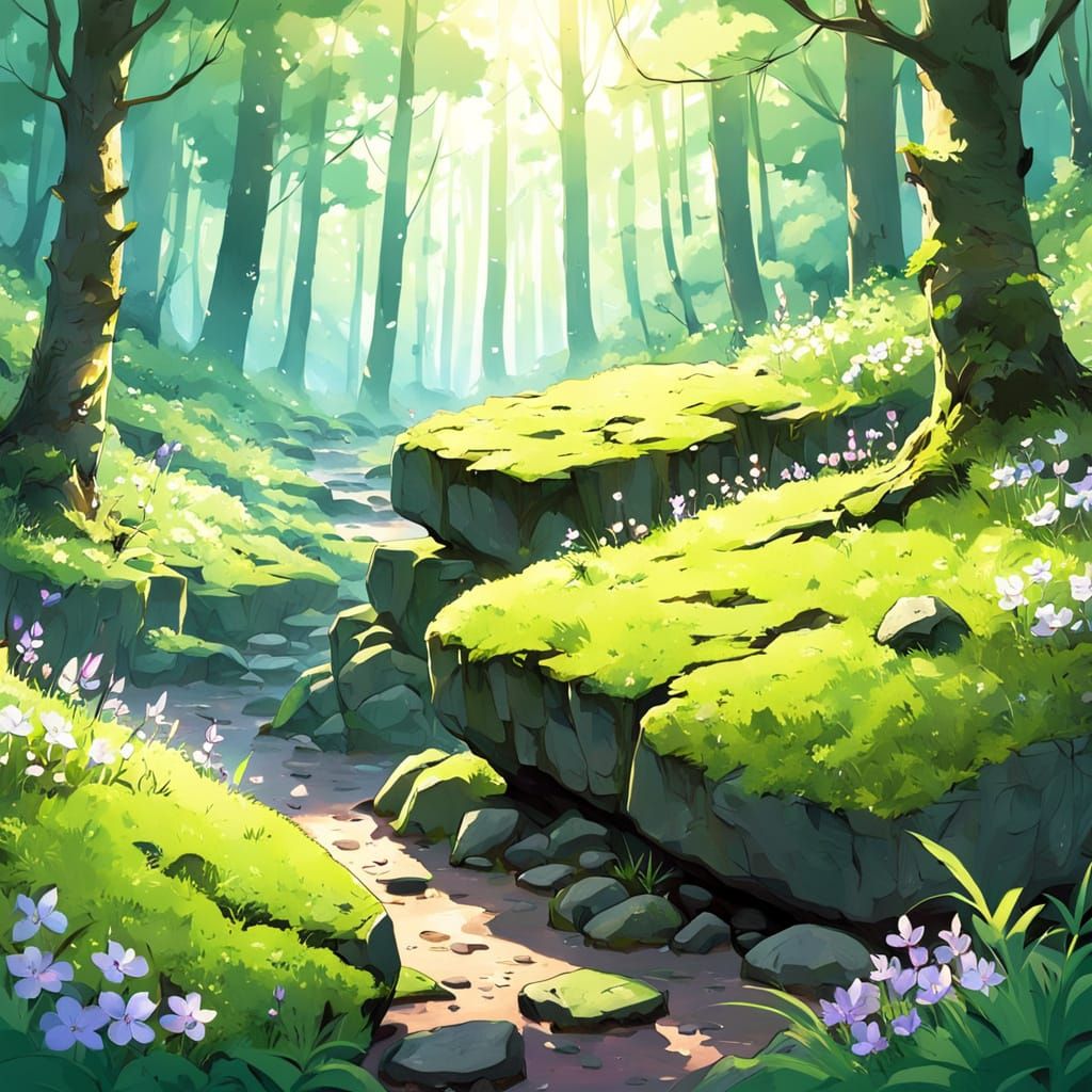 Anime Forest Scene with Moss and Purple Flowers