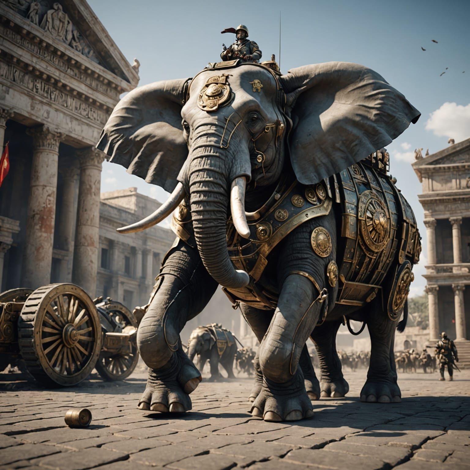 Elephant General Pulling Chariot: Sci-Fi 8K Render