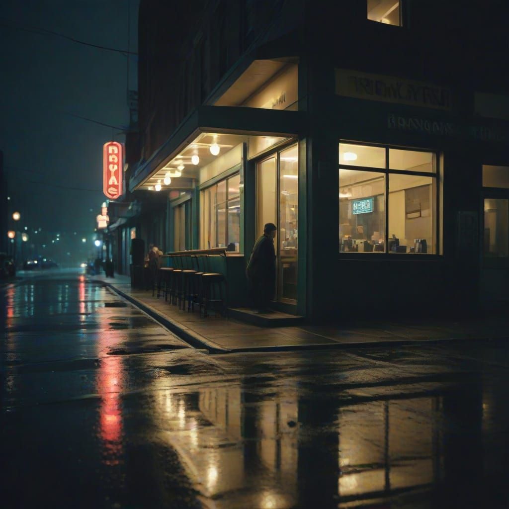 Rainy Night Diner Scene in Film Noir Style
