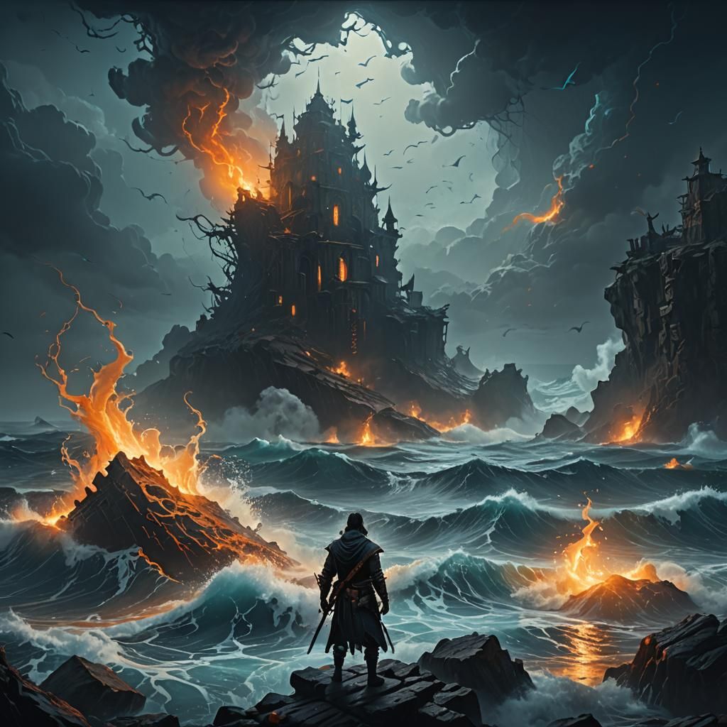 Lost Figure in Surreal Dark Fantasy Ocean