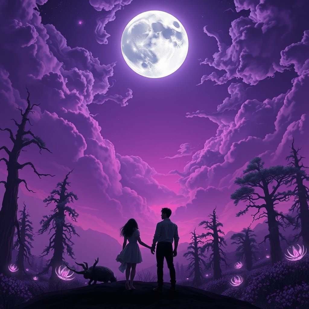Woman and Man Gaze at Majestic Moon in Lavender Sky