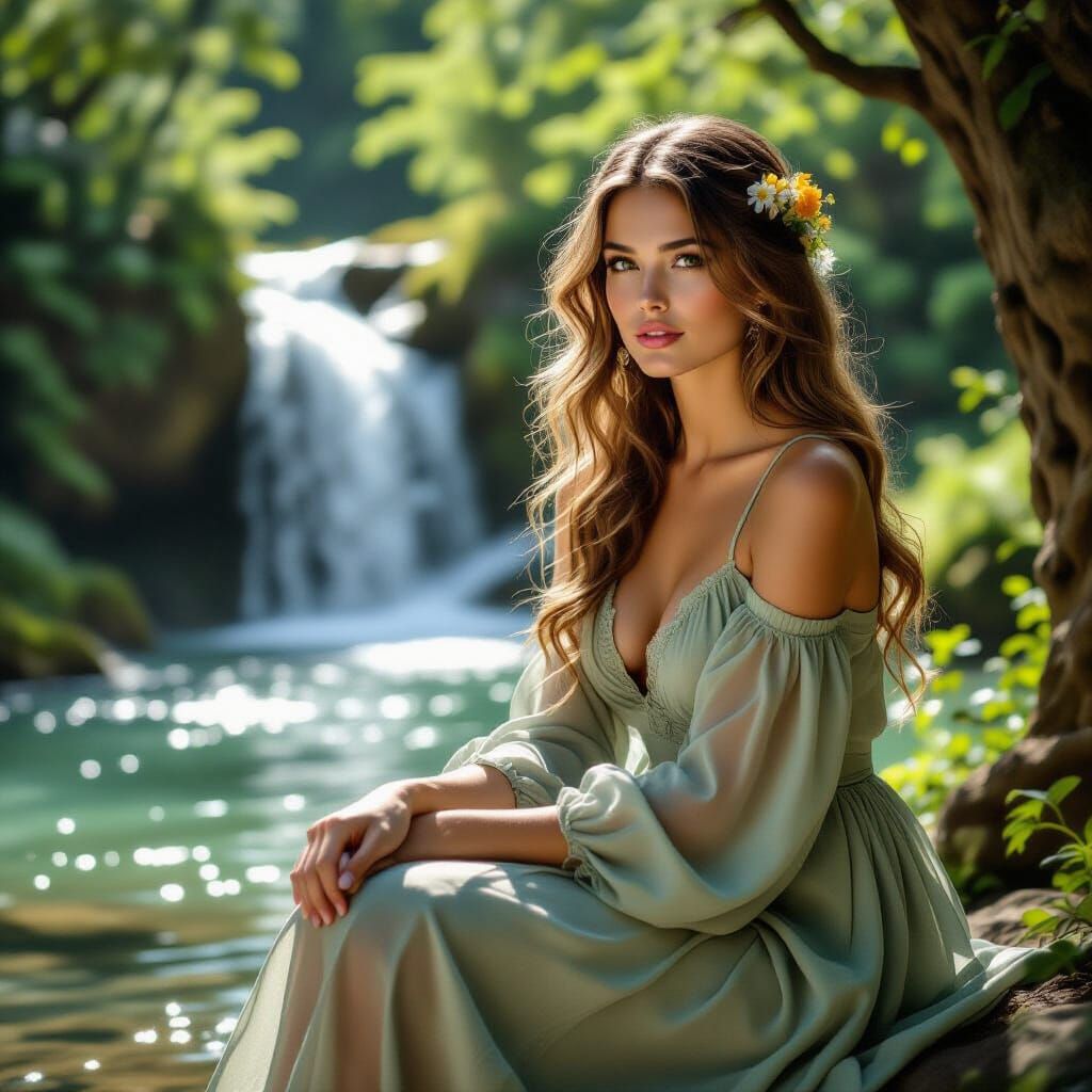 European Woman with Wildflowers by Waterfall, Renaissance St...