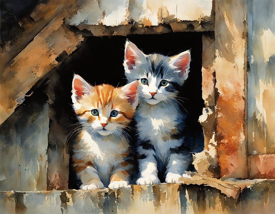 Whimsical Kitten Attic Scene in Intricate Style