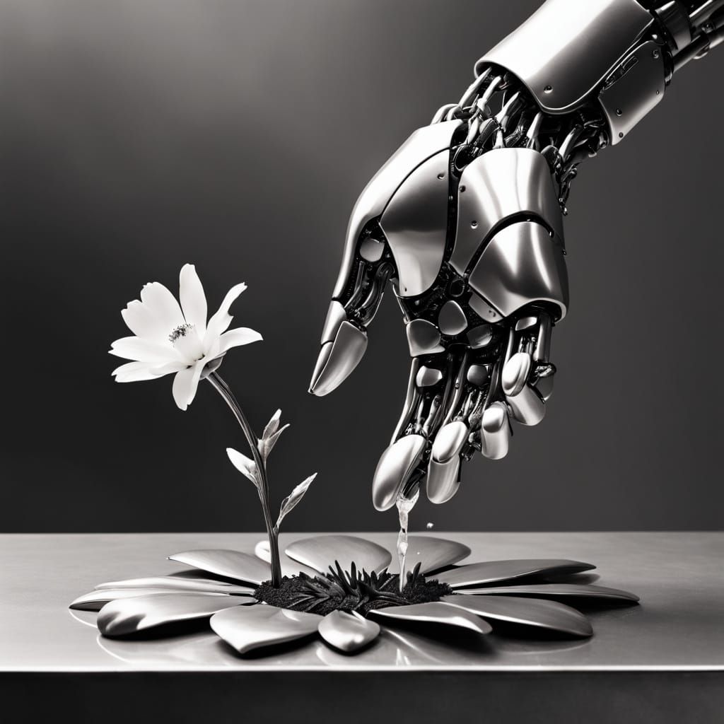 A stark black-and-white composition showing a single metalli...