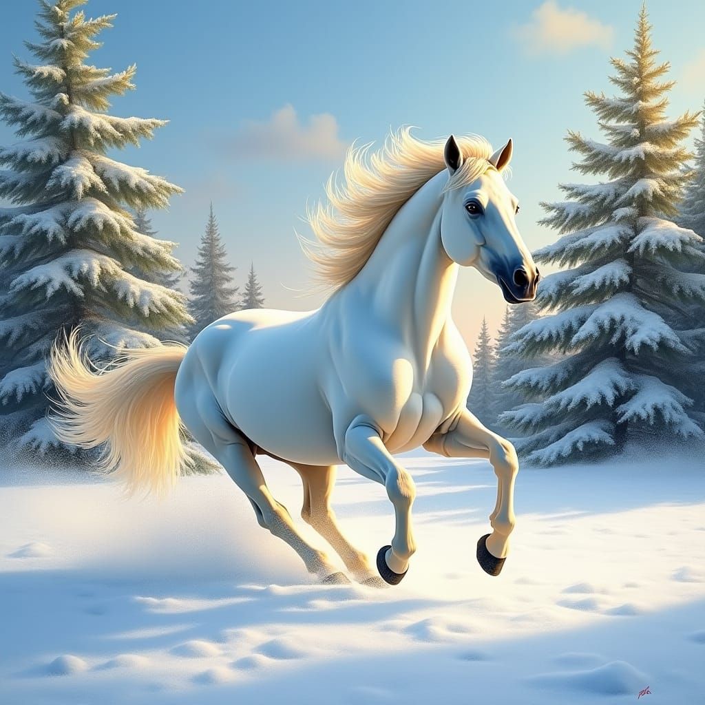 Majestic White Horse Galloping in Winter Landscape
