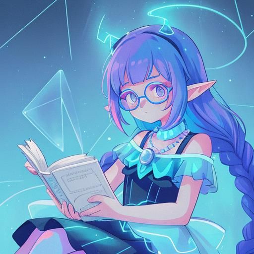 Synthwave Elf Reading Book in Neon Ice