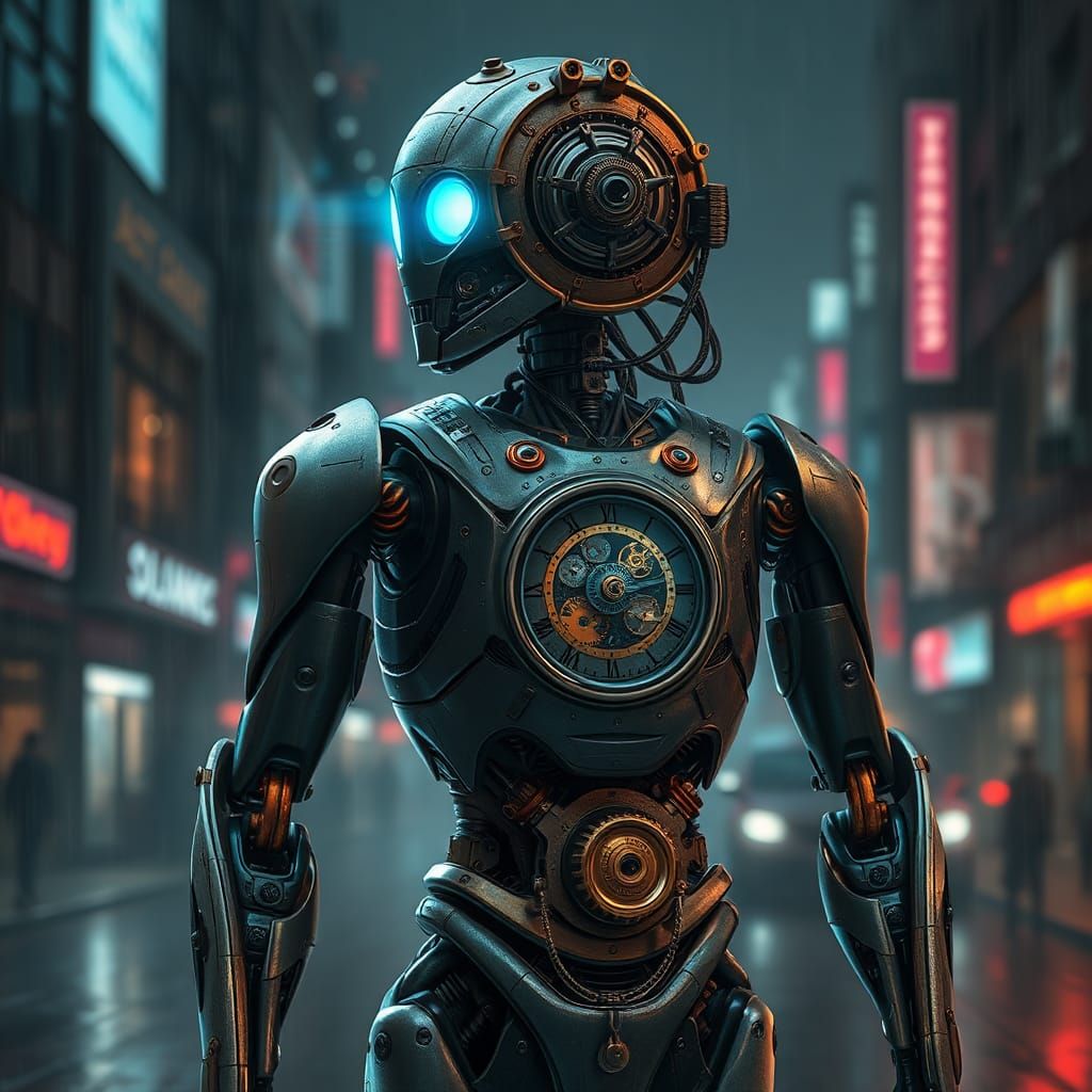 old robot in a futuristic city