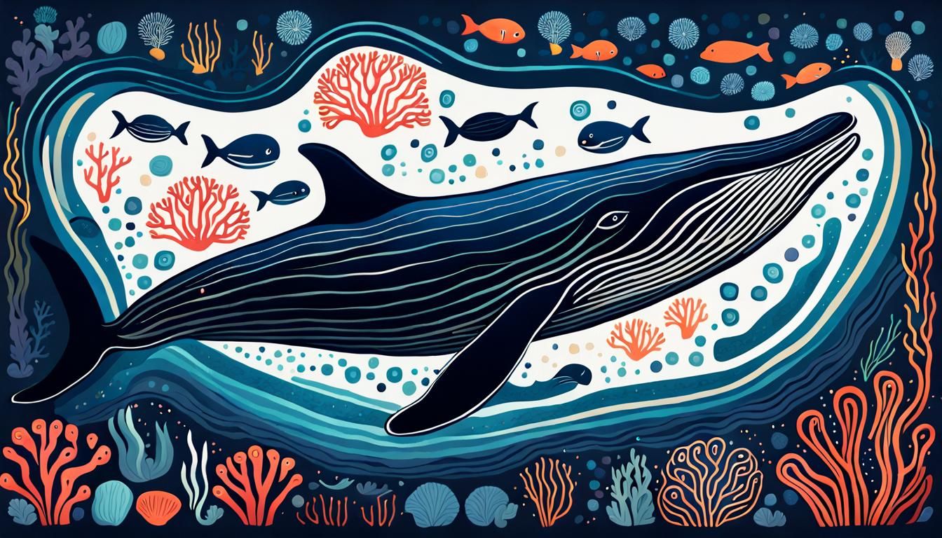 Big-Fin Whale and Corals in Aboriginal Naive Art