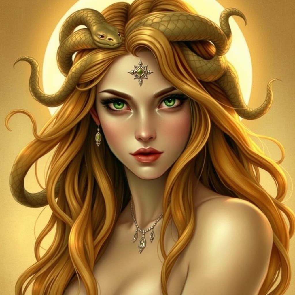 Beautiful Medusa with Golden Serpent Hair in Art Nouveau Sty...