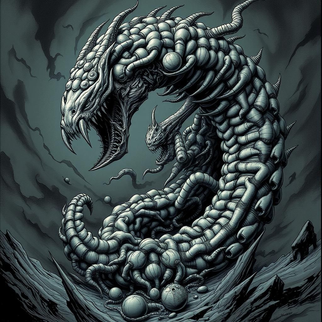 Grotesque Mechanical Worm in Dark Surrealism Style