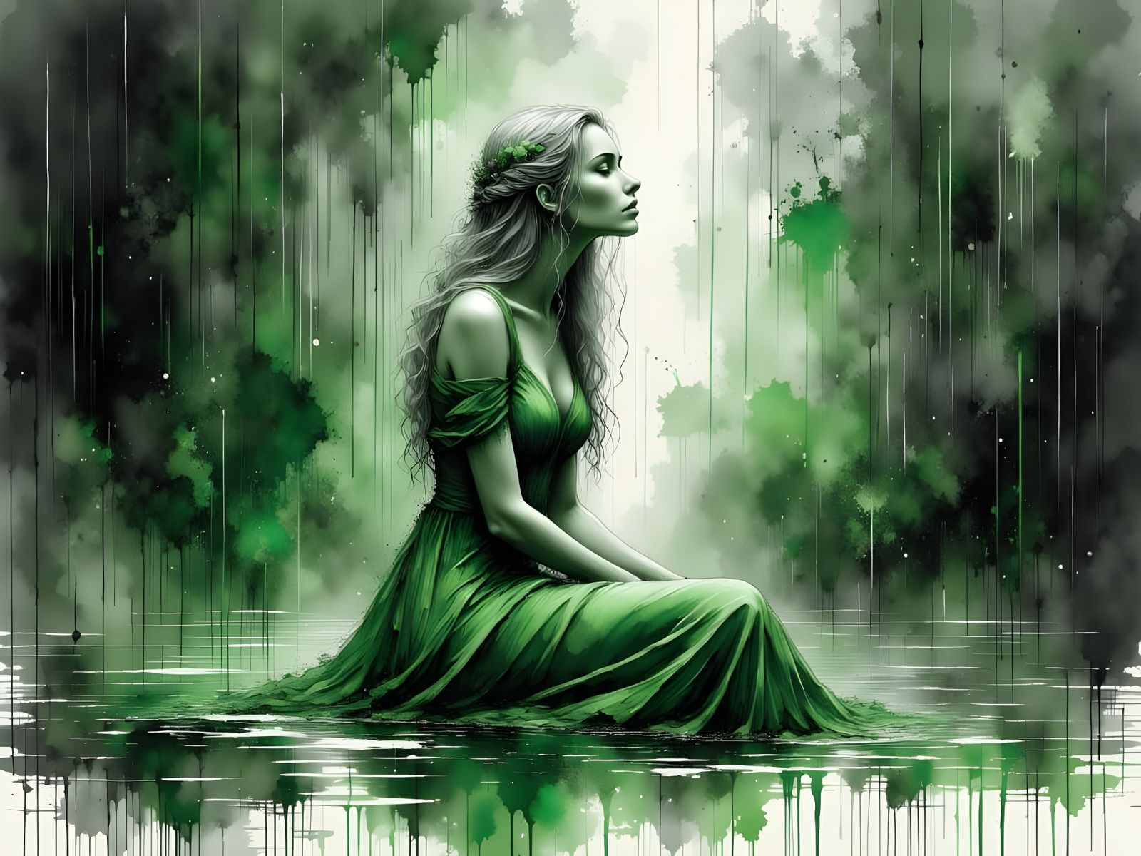 Norse Goddess in Rain, Dichromatic Ink Portrait