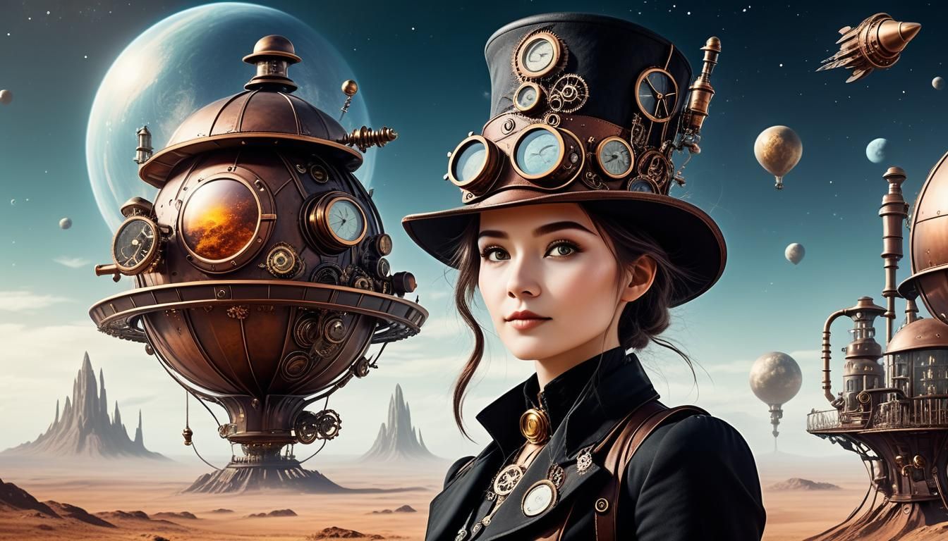Steampunk Space Scene with Whimsical Elements