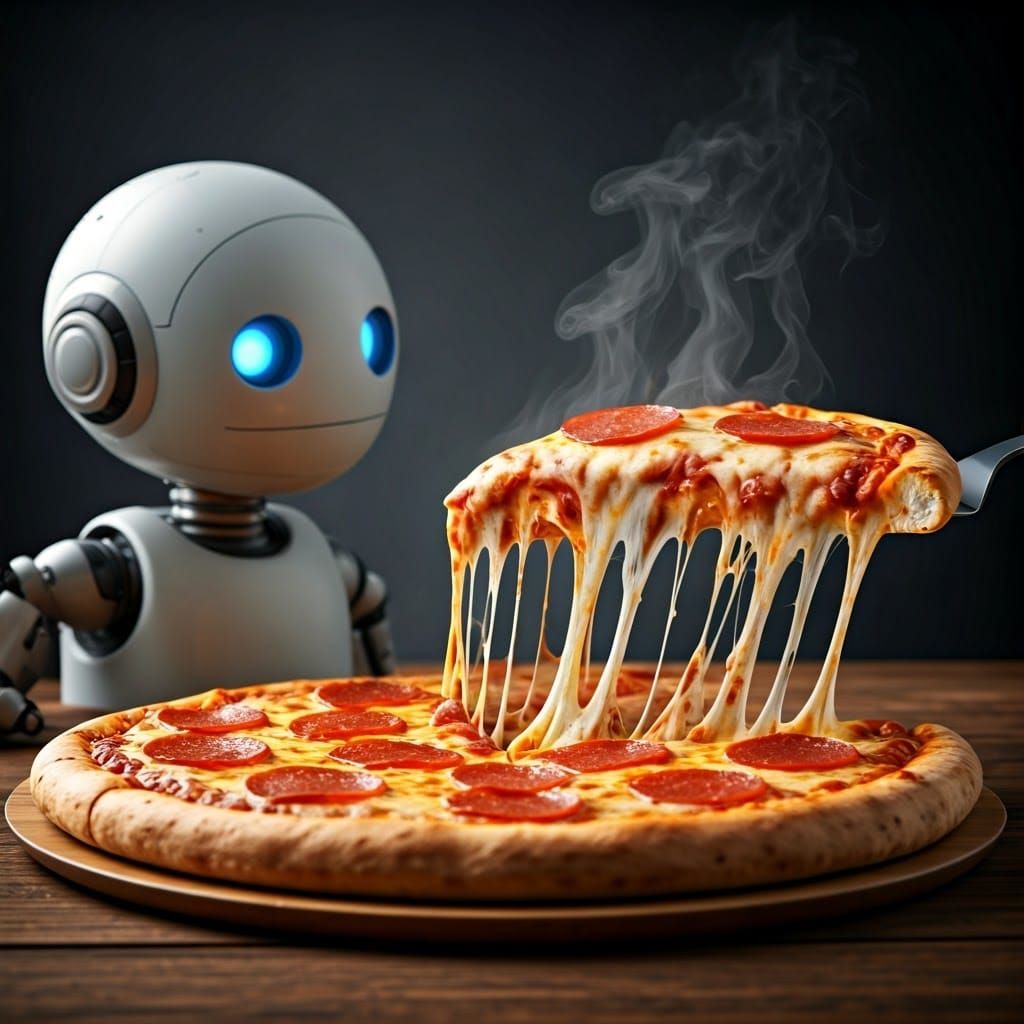 Robot Enjoys Delicious Pepperoni Pizza Slice