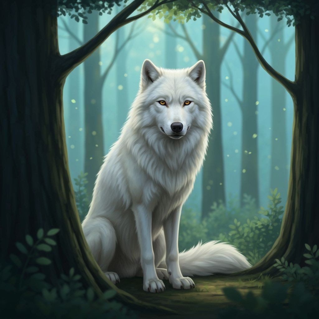 Lone White Wolf in Tranquil Forest at Dawn