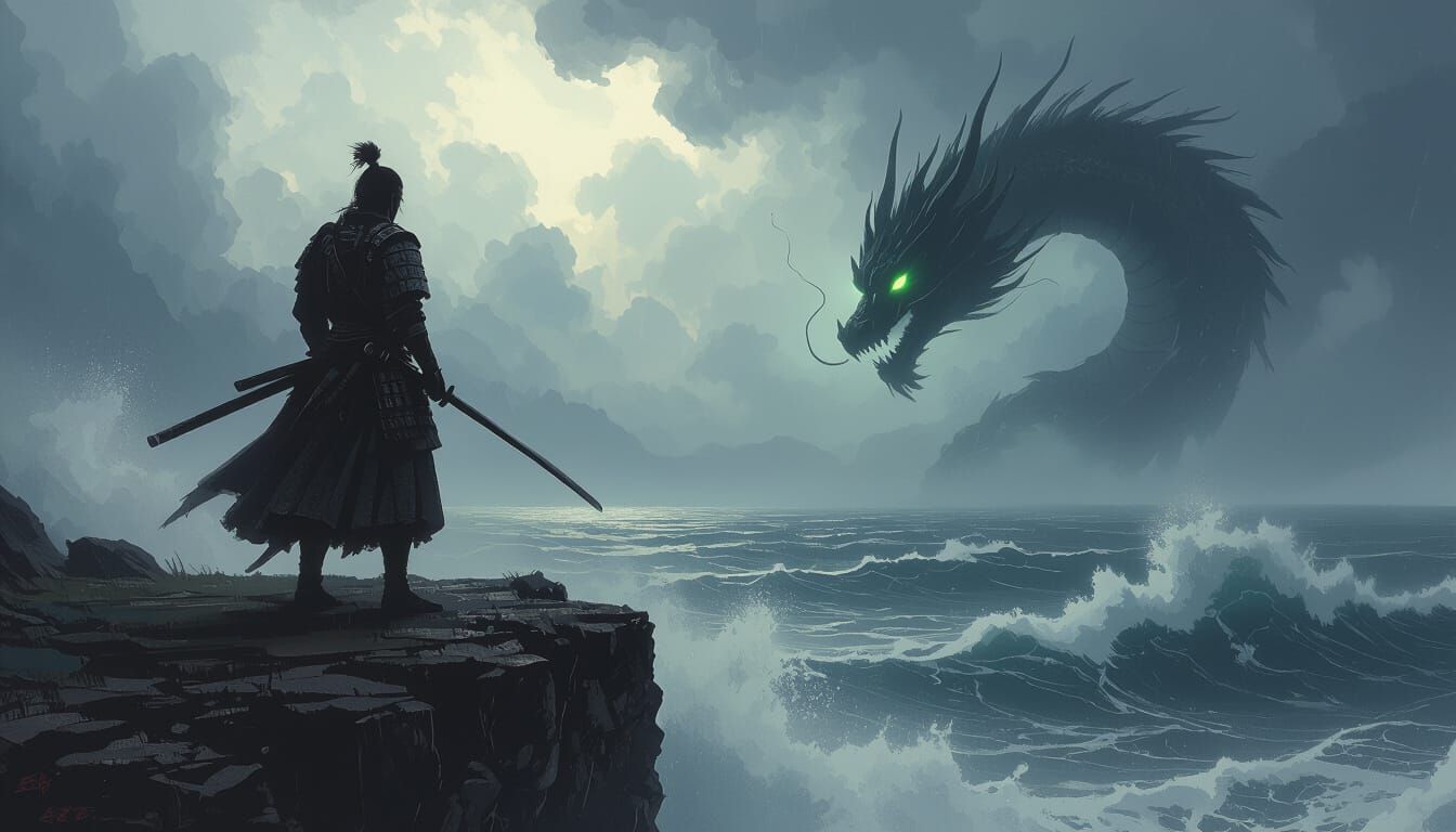 Samurai Confronts Spectral Dragon on Stormy Cliff Edge