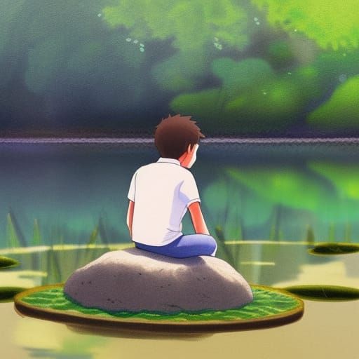 Lo-fi Boy and Frog, Studio Ghibli Pencil Sketch