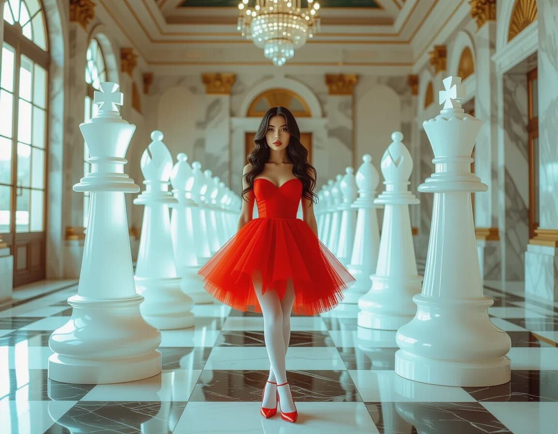 Woman in Red Dress Among Crystalline Chess Pieces