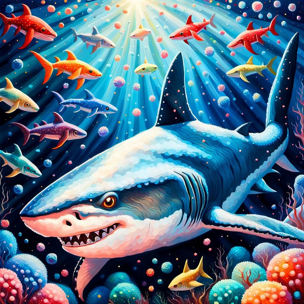 Luminous Shark in Underwater Cotton Wool, Oil Painting