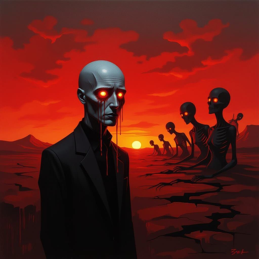 Figure with Red Eyes in Desolate Landscape