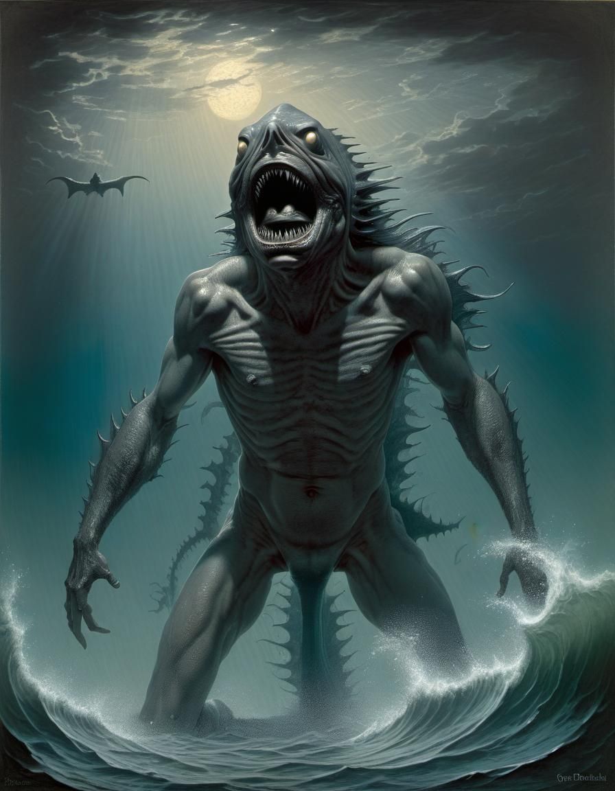 Horrific Shark Man in Dark Fantasy Style