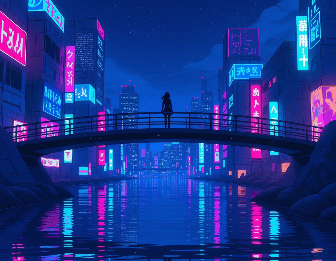 Cyberpunk Anime Woman on Neon Bridge at Night