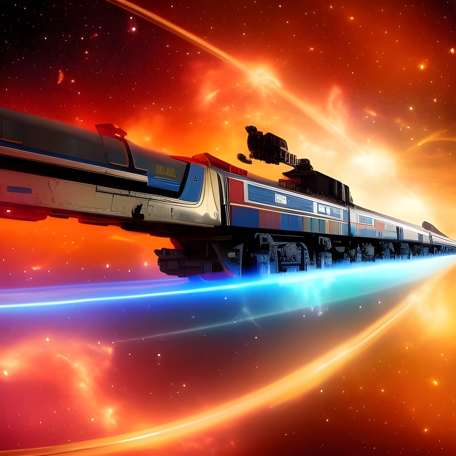 Futuristic Space Train Journey Through Colorful Nebulae