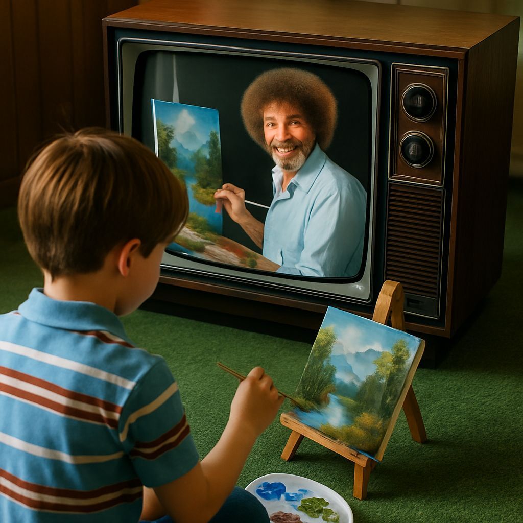 Boy Paints Landscape Guided by TV in 1970s Style