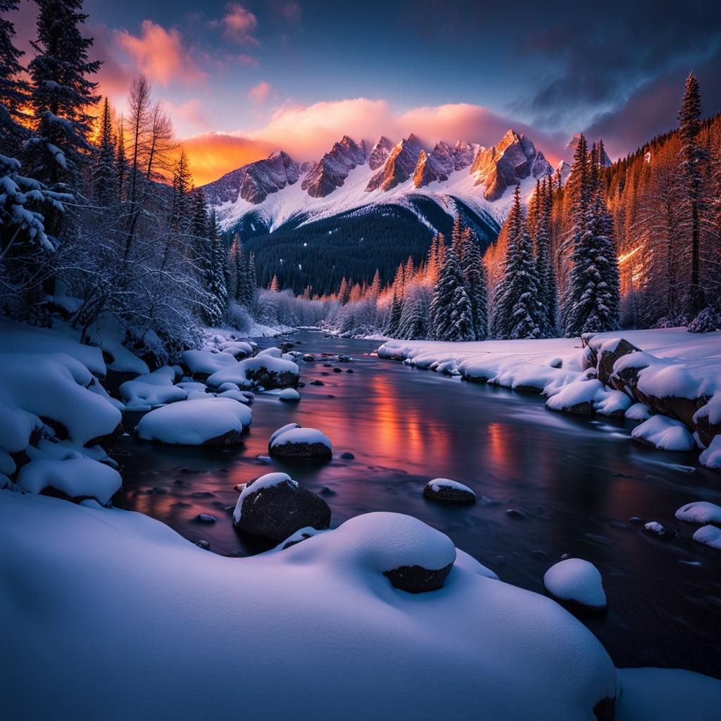 Breathtaking Snowy Sunset at the Mountains