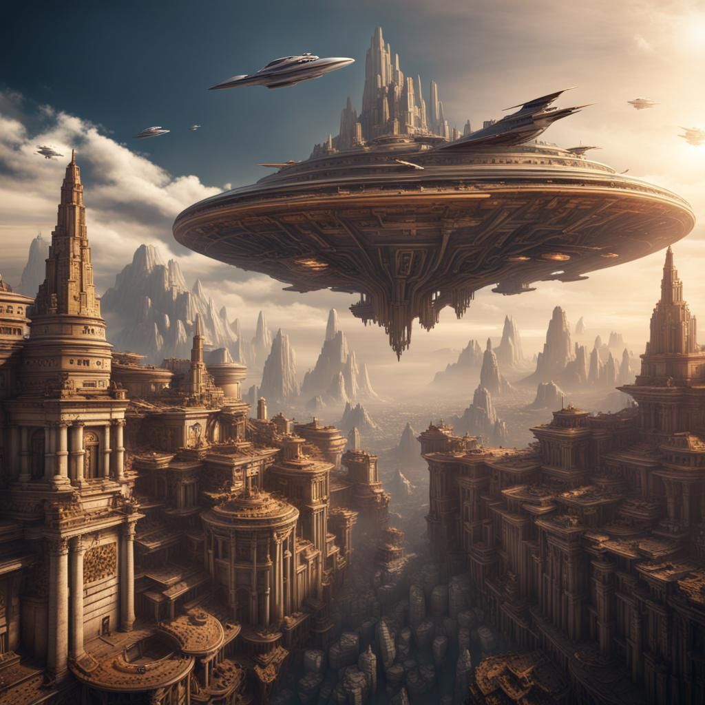 Futuristic Spaceship Over Ancient City, Detailed Digital Art