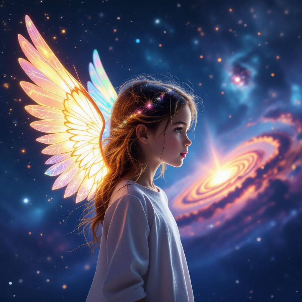 Girl with Glowing Wings in Space: Hyperrealistic Art